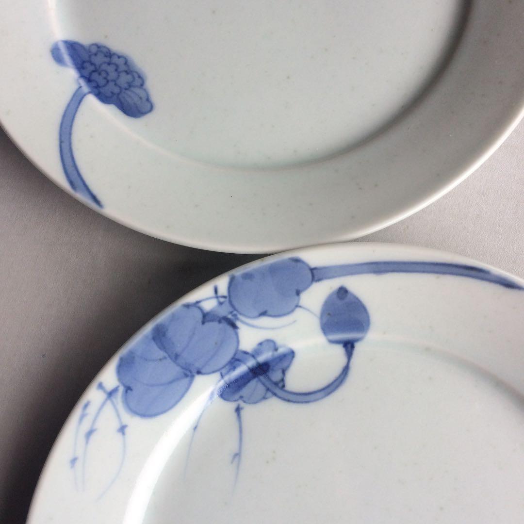 有田焼 手描き染付花絵絵リム皿2枚 TS0922
