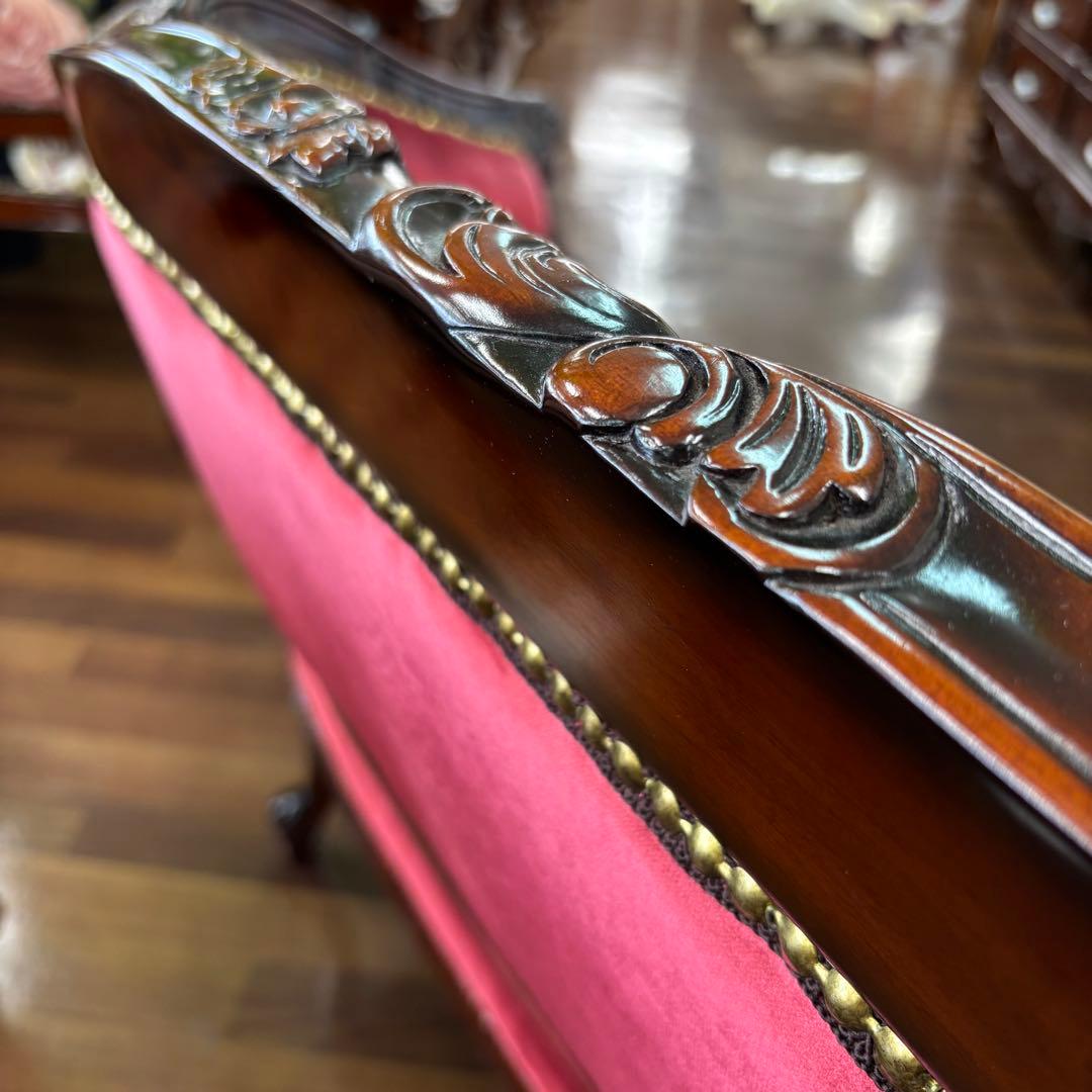 マホガニー ベロア レッド アンティーク調 ラブソファ 高級 おしゃれ 二人掛け