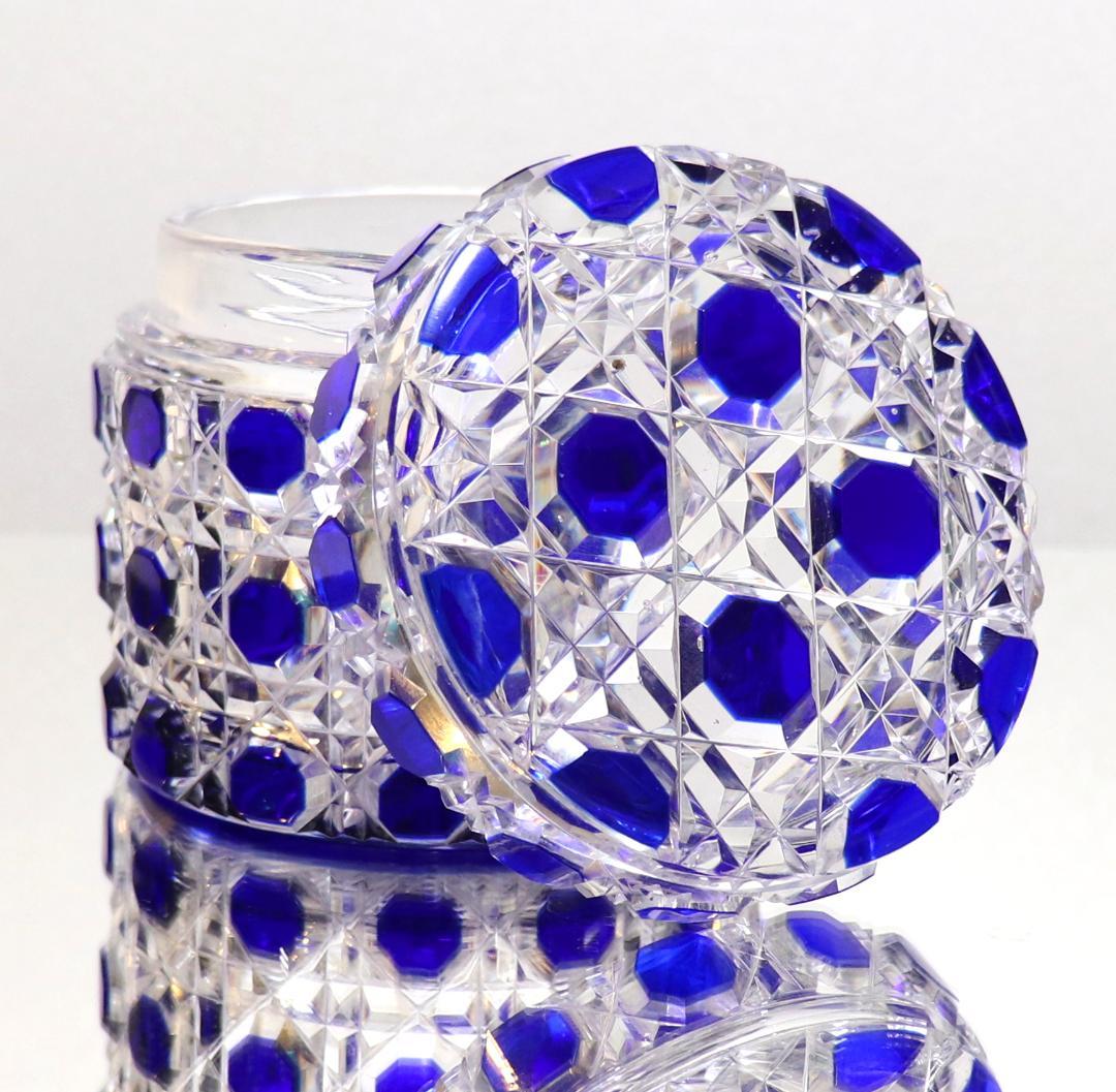 オールド・バカラ 最大サイズ円柱型 青色被せ切子装飾 ディアマンピエーリー 蓋物