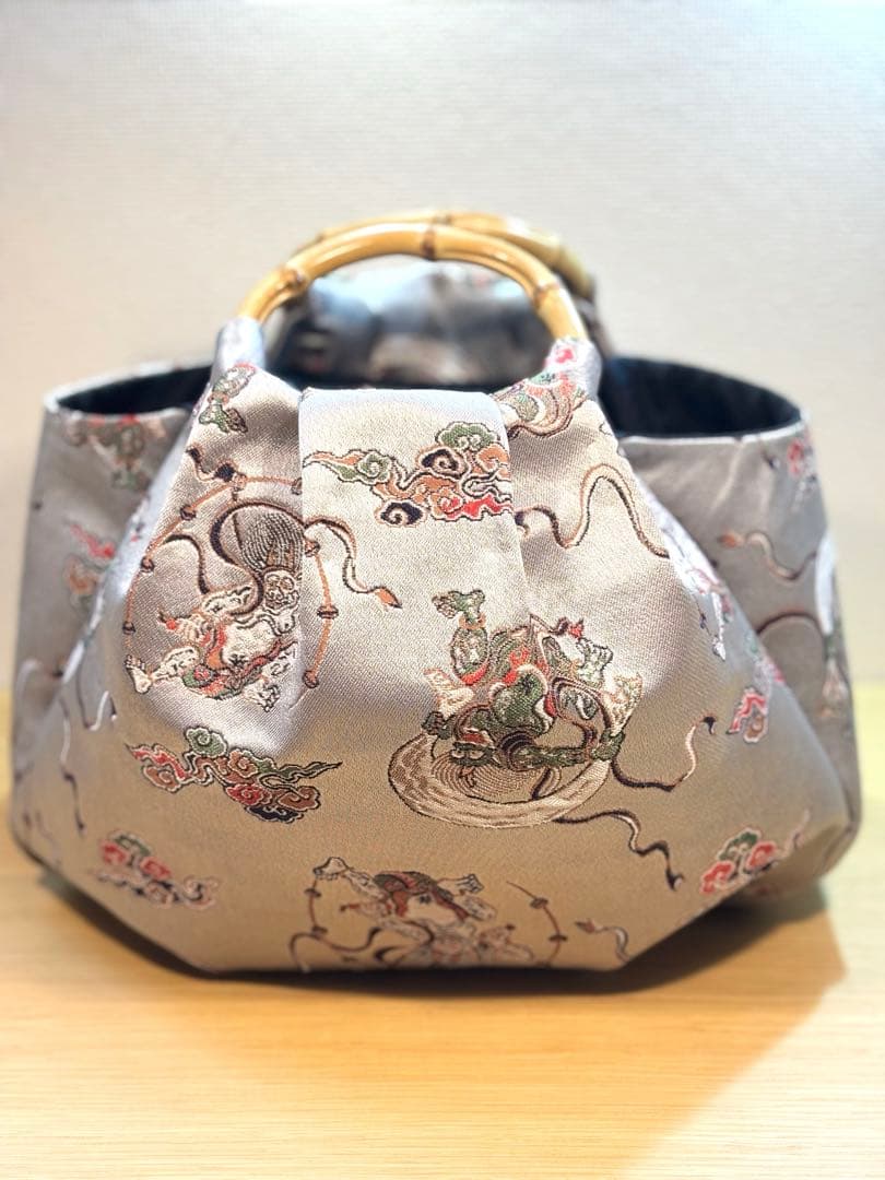 和装バック　着物バック　金蘭生地・風神雷神（グレー）卒業入学結婚七五三お宮参り