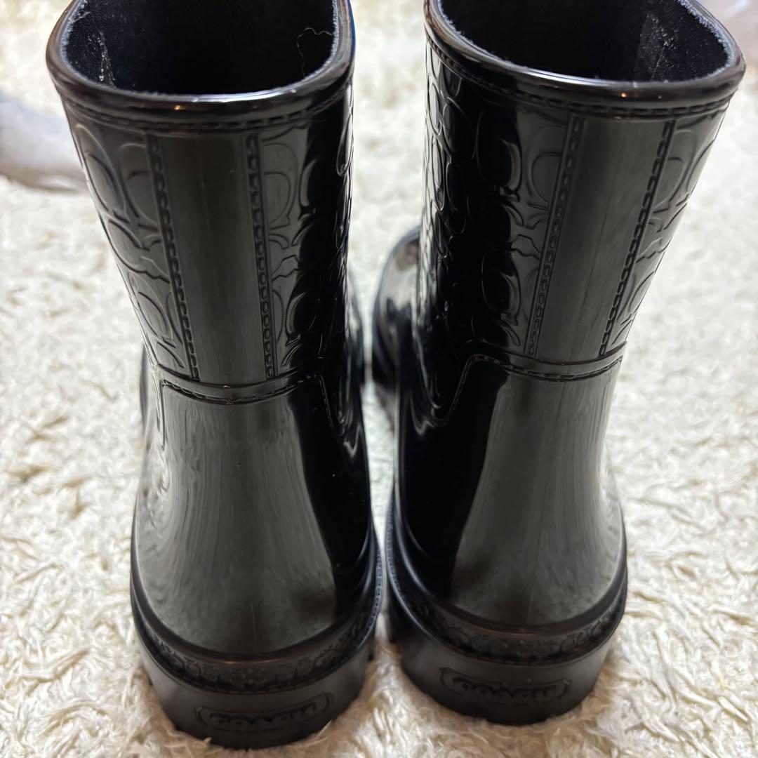美品　コーチ　レディースレインブーツ　シグネチャー　黒