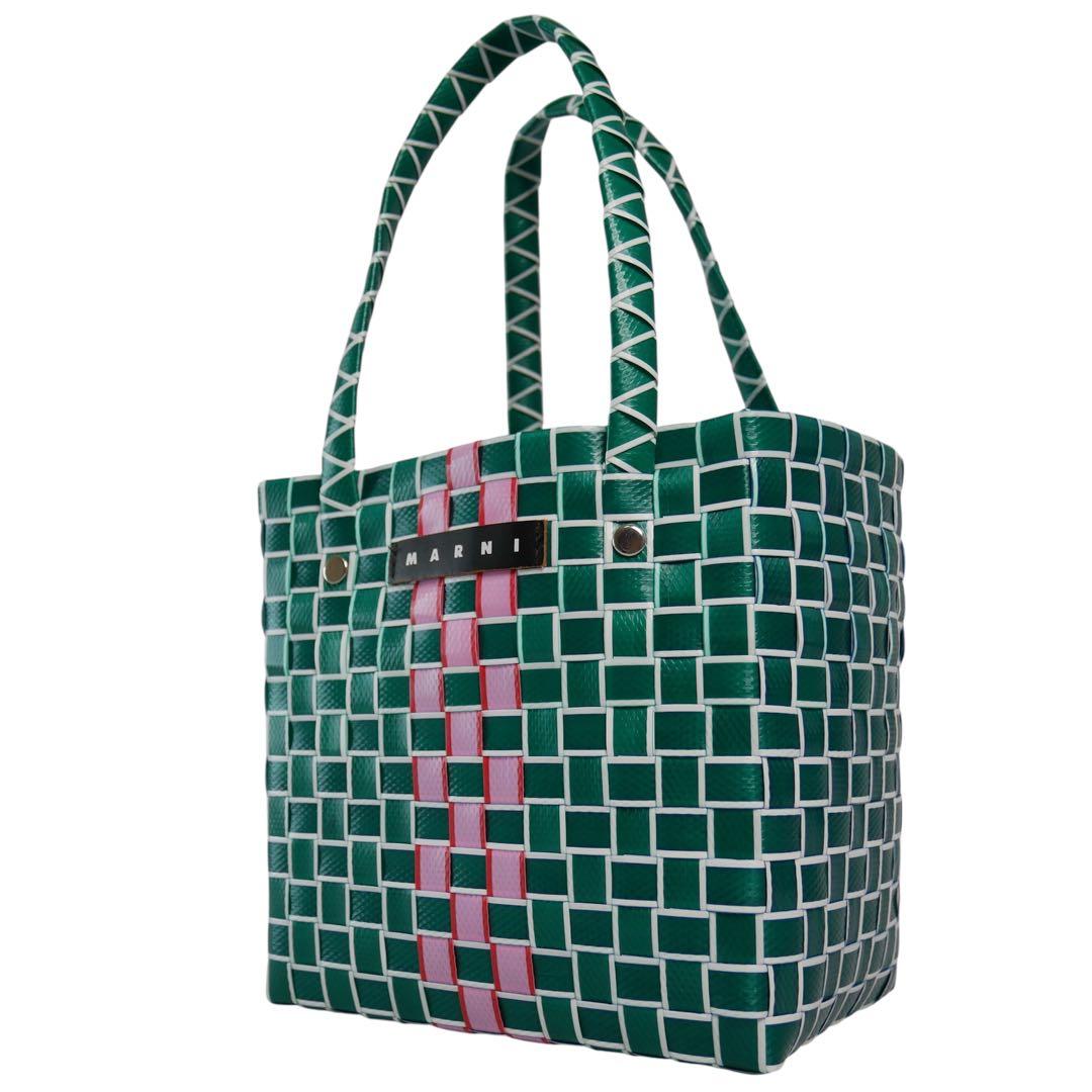 未使用級 マルニ マーケット フラワーカフェ マイクロ かごバッグ グリーン