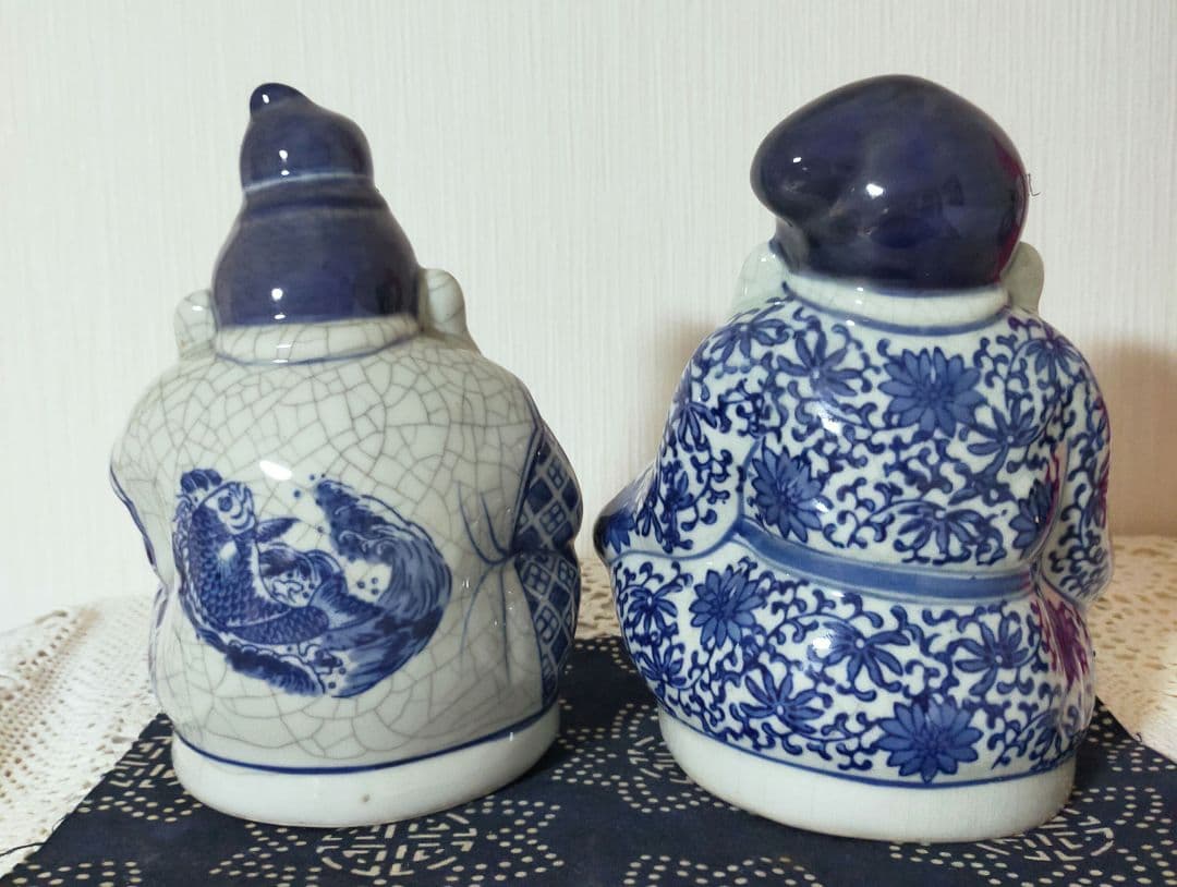 青磁釉陶器　七福神恵比寿様、大黒天様　商売繁盛　開運縁結　希少縁起物　木製台付き