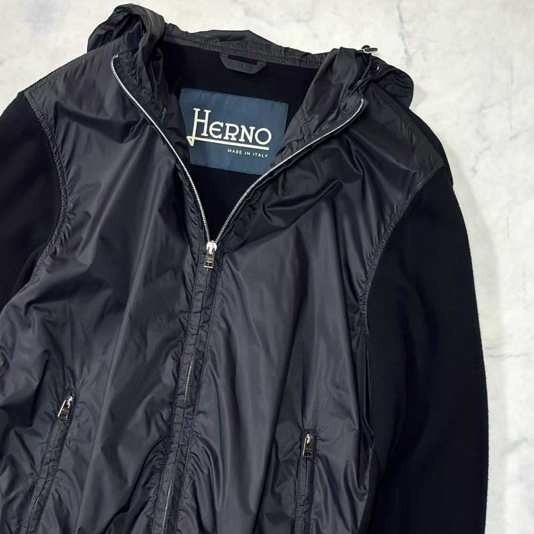 美品 ヘルノ ハイブリッドナイロンジャケット ニット切替 紺 46 tt1