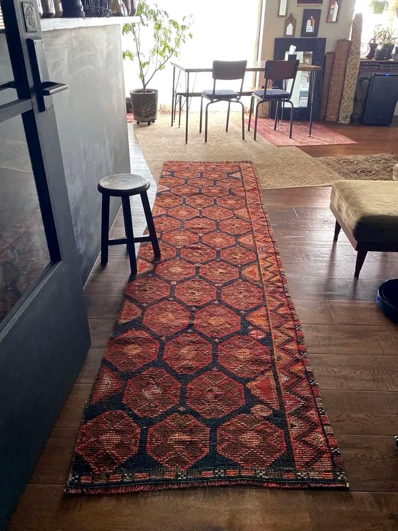 オレンジブラック　超ロングランナーラグ　ヴィンテージラグ　トルコラグ