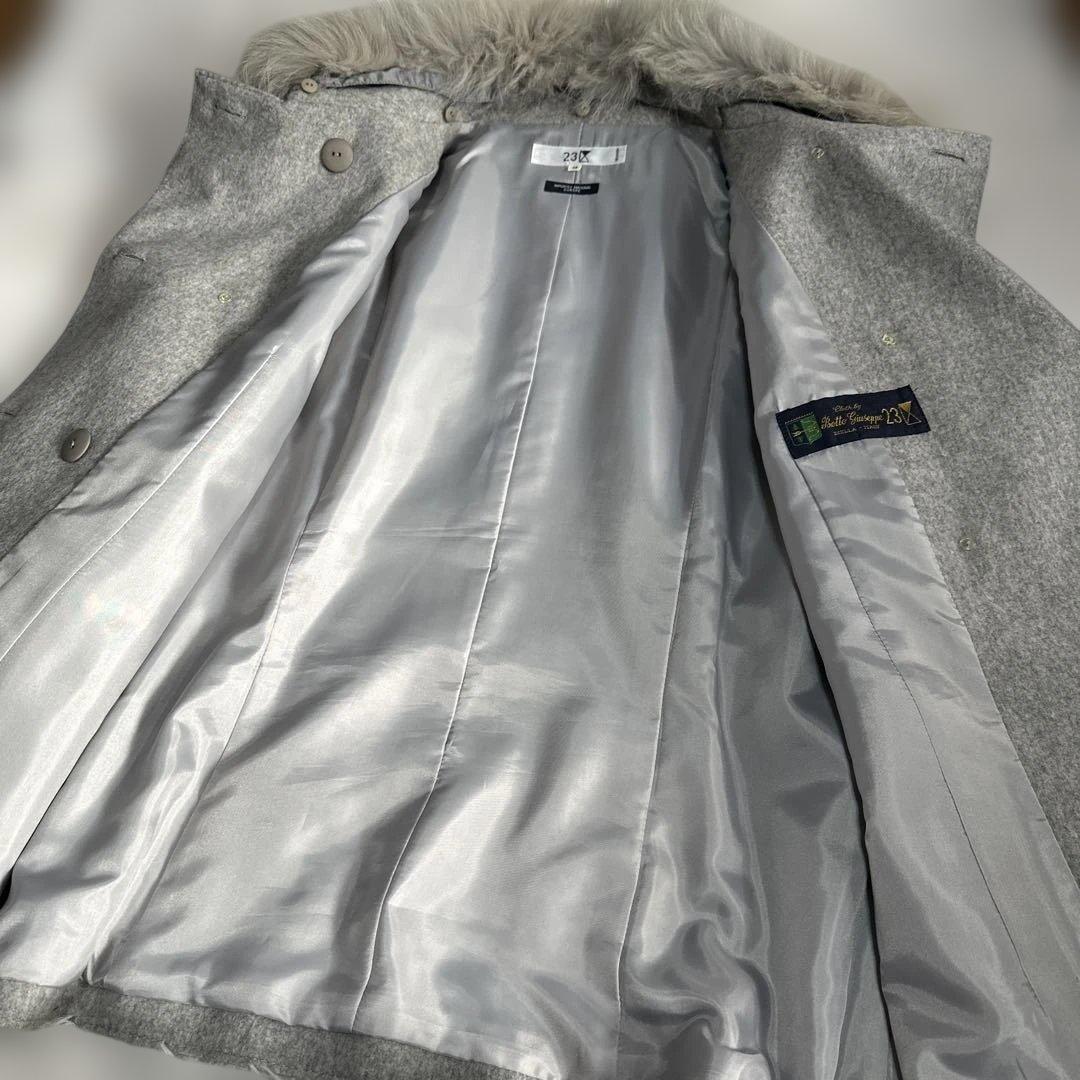 23区 フォックスファー付 ウールPコート グレー 46 3L 大きいサイズ