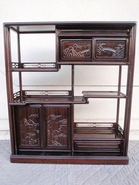 半額以下！新品 95巾 黒檀 無垢 高級飾り棚 違い棚 唐木茶棚 茶箪笥 検花梨