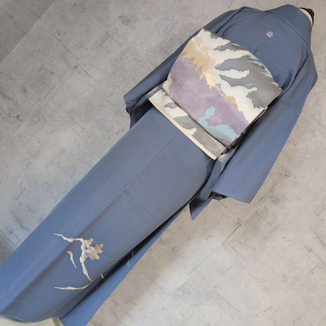 訪問着　フルセット　着物　正絹　落款　山　Sサイズ　青　金彩　しつけ糸　F9
