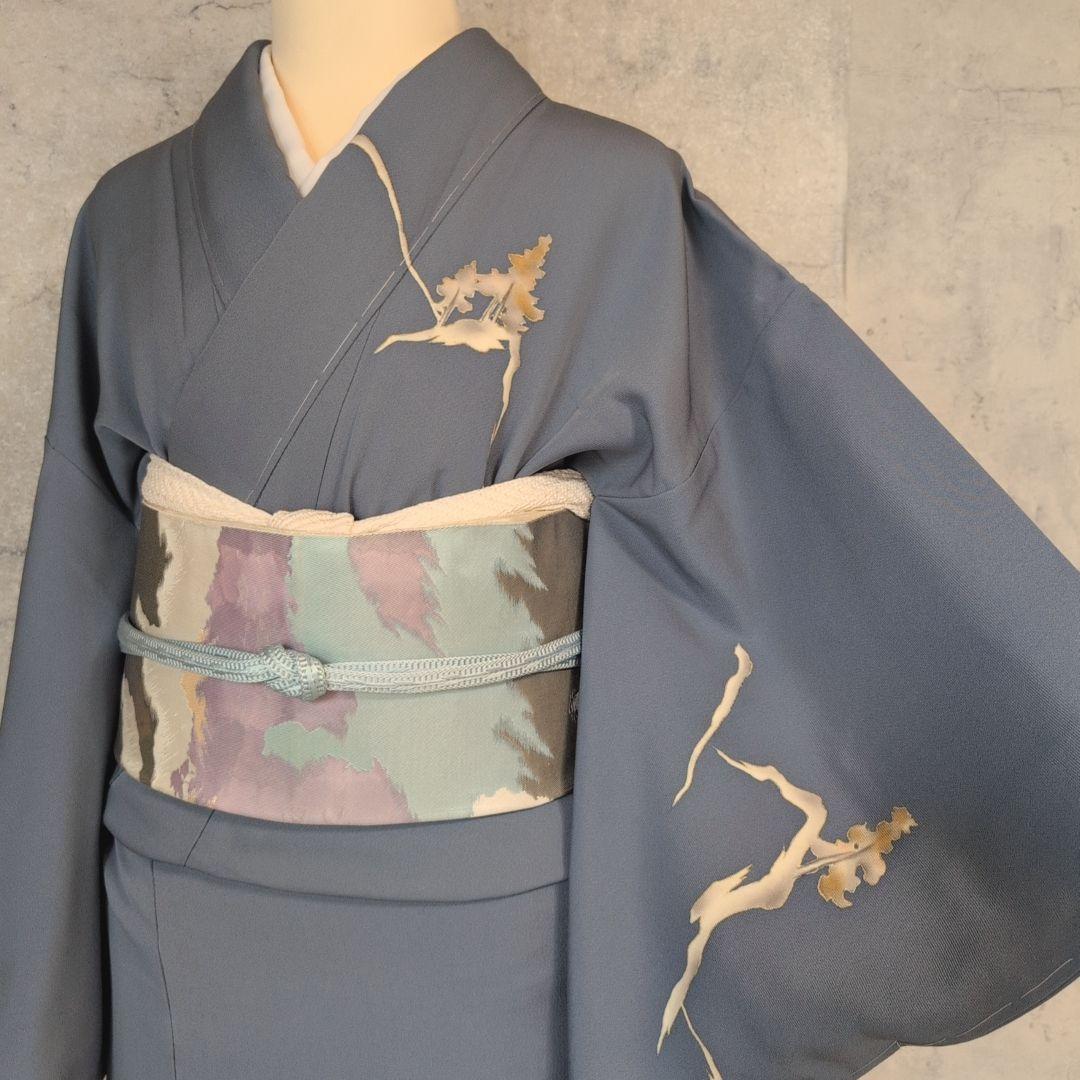 訪問着　フルセット　着物　正絹　落款　山　Sサイズ　青　金彩　しつけ糸　F9