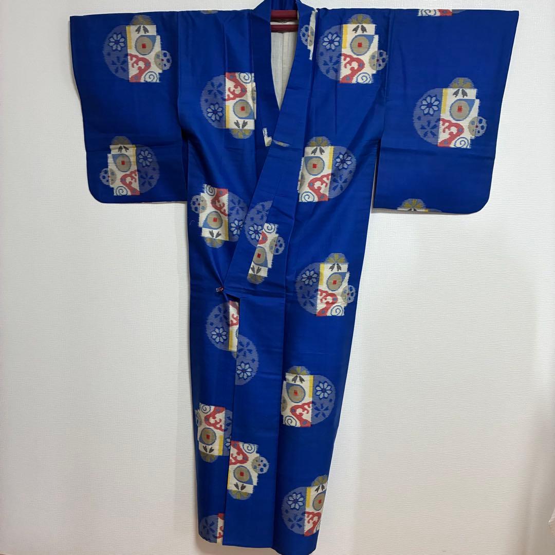 【極美品】【銘仙】【単衣】身丈157 ロイヤルブルー 幾何学丸紋 トールサイズ