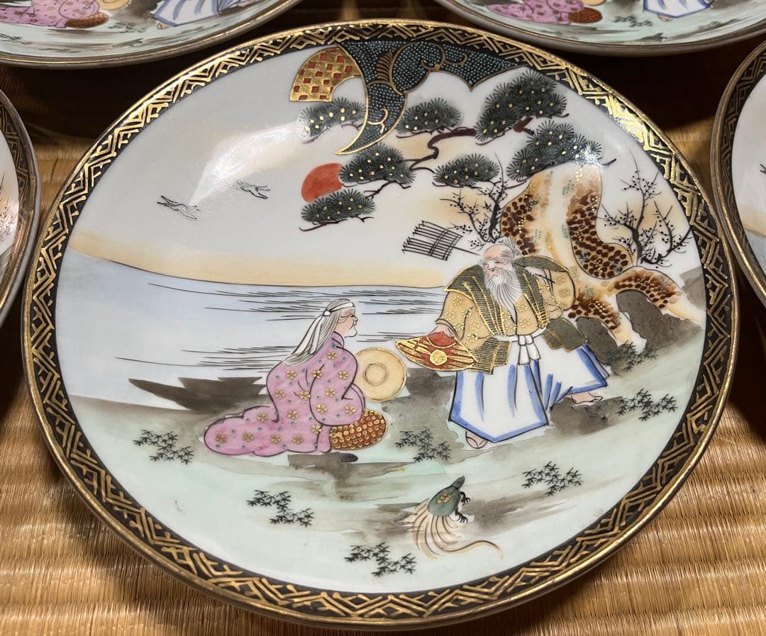 九谷焼 平皿 大鉢 大皿（骨董品・古美術）　日本昔話　5枚セット　共箱　送料無料