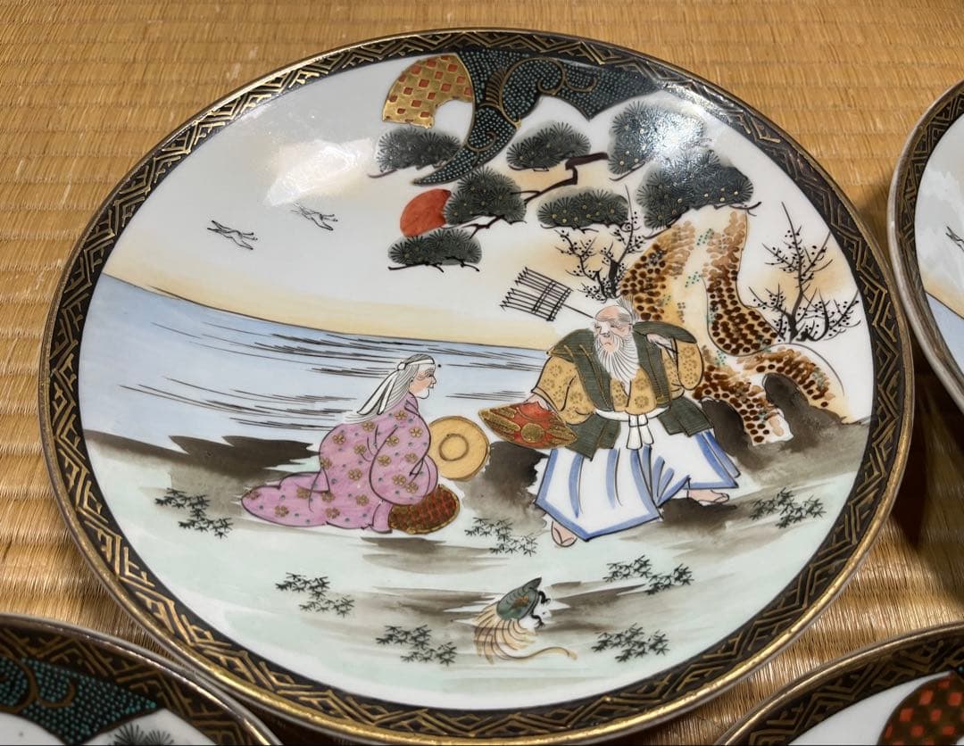 九谷焼 平皿 大鉢 大皿（骨董品・古美術）　日本昔話　5枚セット　共箱　送料無料