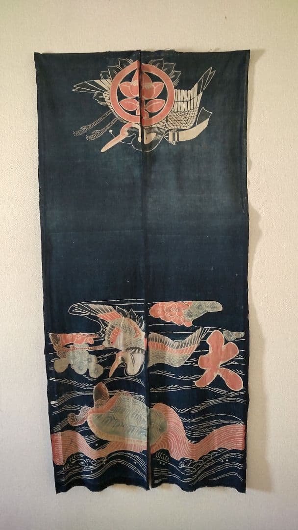 古布 万祝 まいわい アンティーク 筒がき 骨董 鶴 亀 襤褸 型染 大漁 希少