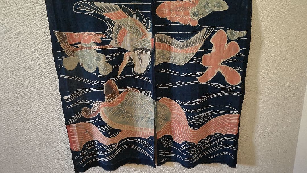 古布 万祝 まいわい アンティーク 筒がき 骨董 鶴 亀 襤褸 型染 大漁 希少