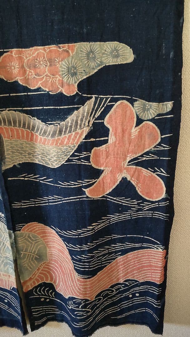 古布 万祝 まいわい アンティーク 筒がき 骨董 鶴 亀 襤褸 型染 大漁 希少