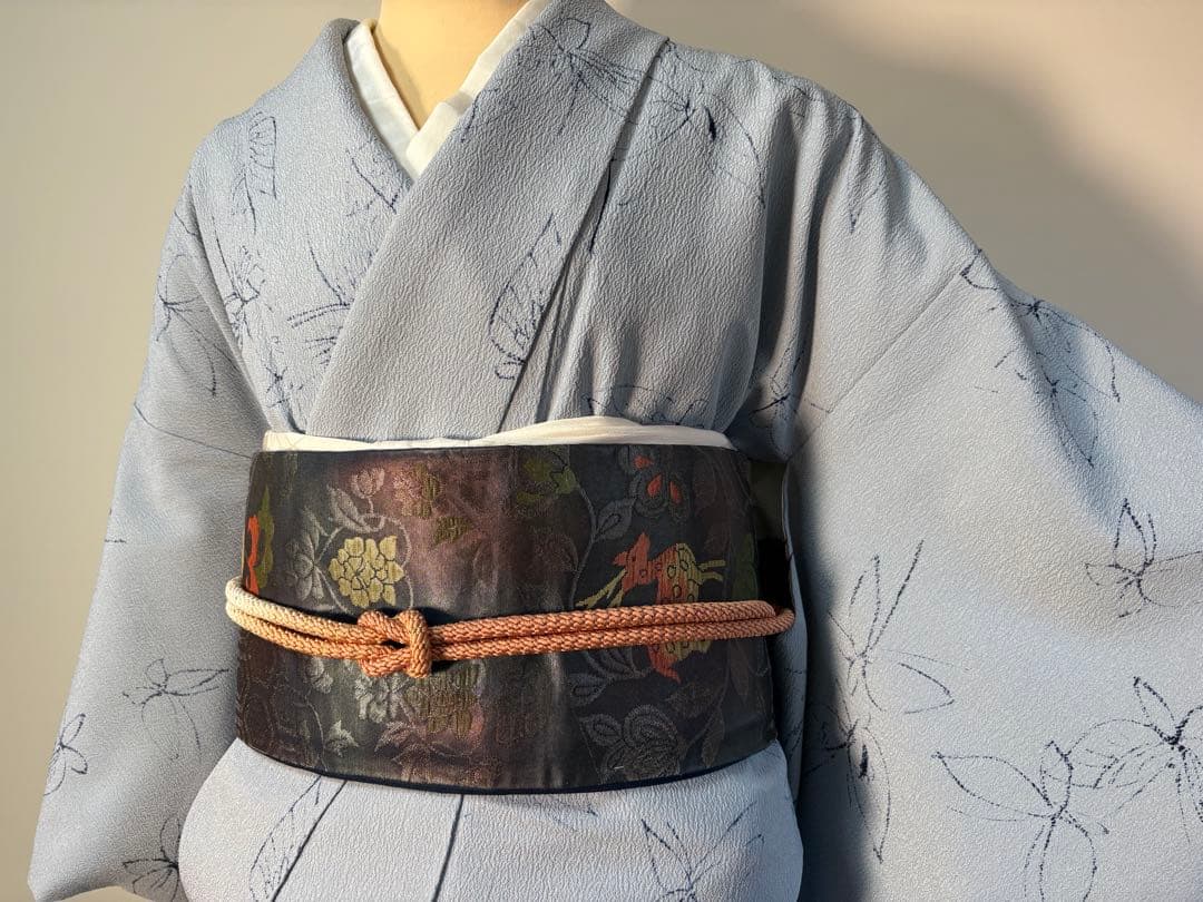 銀座　英　はなぶさ　ちりめん　袷　　 　小紋　トールサイズ　身丈162㎝　ブルー