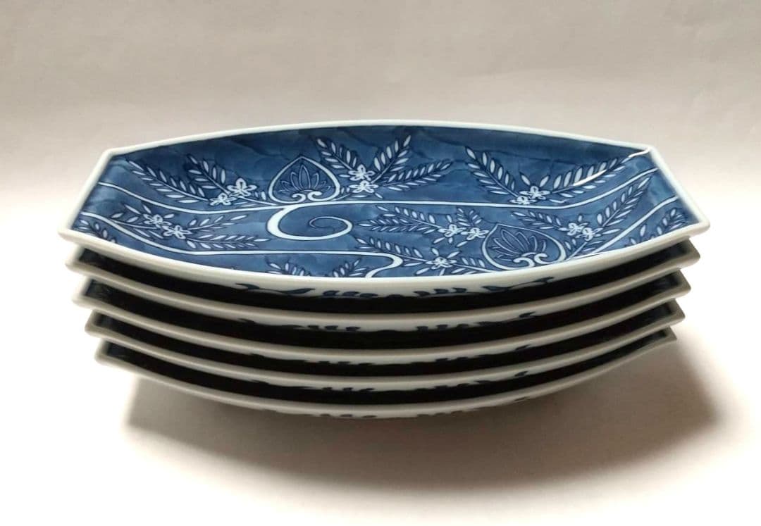 源右衛門窯 染付 流水絵 舟形 皿 5枚組 未使用品