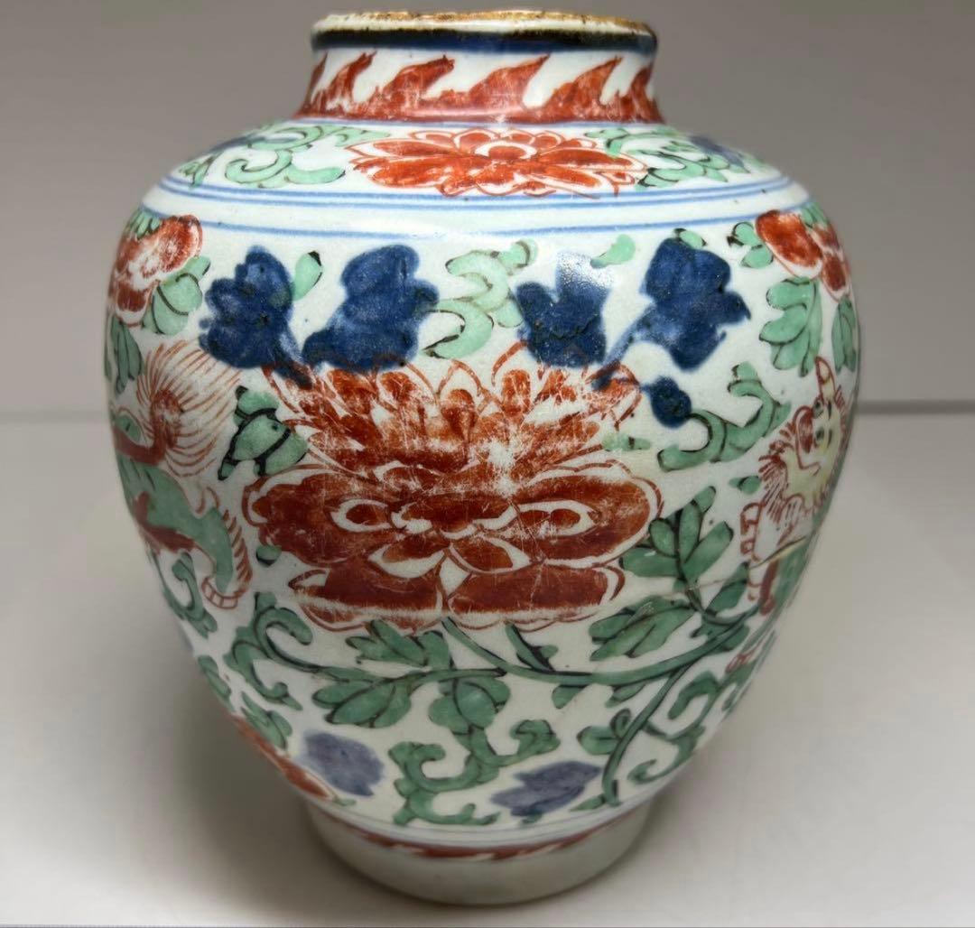 中国明時代　明代の五彩壺　南京赤絵大壷　置物　アンティーク　骨董　飾り物古美術品