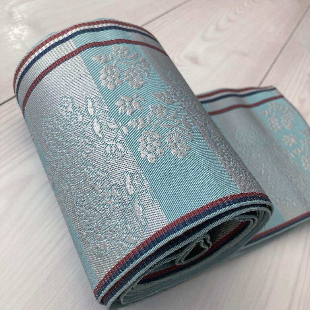 本場筑前博多織　半幅帯　ブルーグレー　織り出し花模様・縞模様　正絹　No2.22