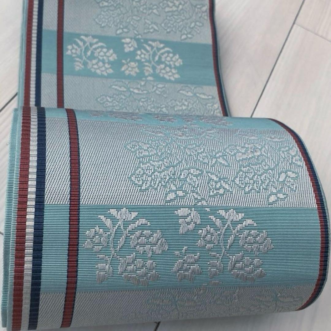 本場筑前博多織　半幅帯　ブルーグレー　織り出し花模様・縞模様　正絹　No2.22