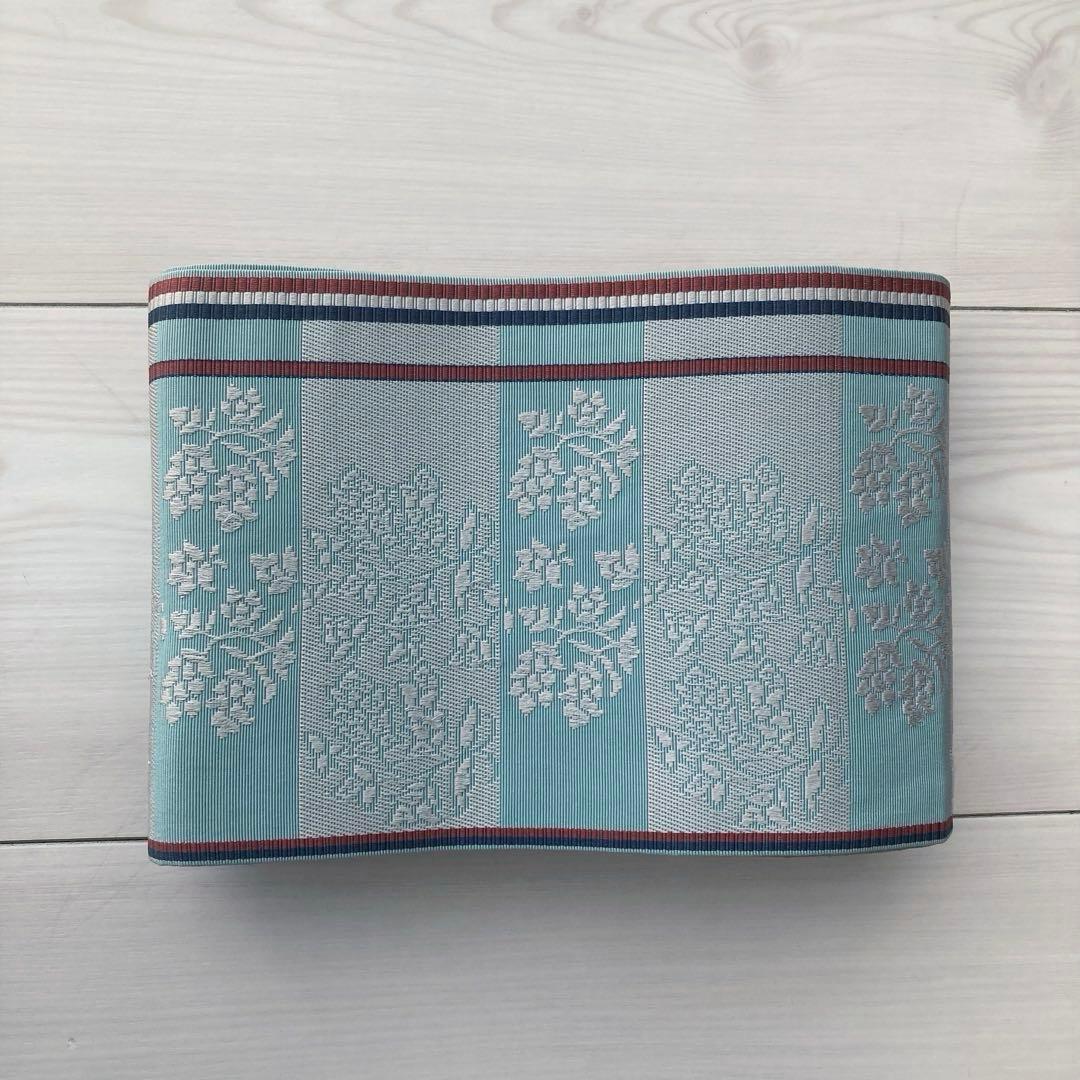 本場筑前博多織　半幅帯　ブルーグレー　織り出し花模様・縞模様　正絹　No2.22