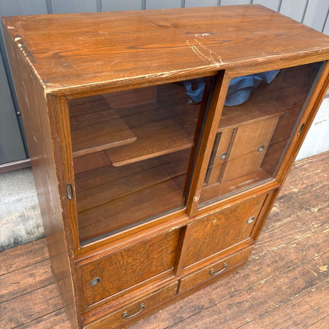 昭和レトロ 無垢材 茶棚 茶箪笥 ガラス戸 サイドボード 古家具 ビンテージ