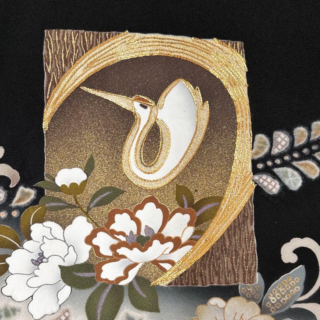 【656】辻が花•鶴 文様 金駒刺繍入り 黒留袖