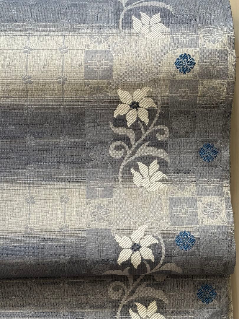 袋帯 弥栄織物　新品未使用　花唐草　縞　リバーシブル　全通　スリーシーズン