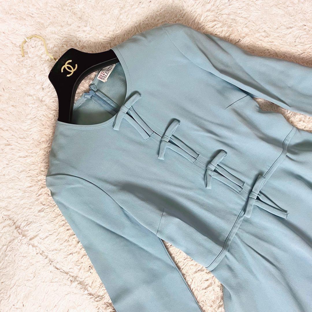 ✖︎ ヴァレンティノ ワンピース Aライン フレア リボン ブルー 水色 M