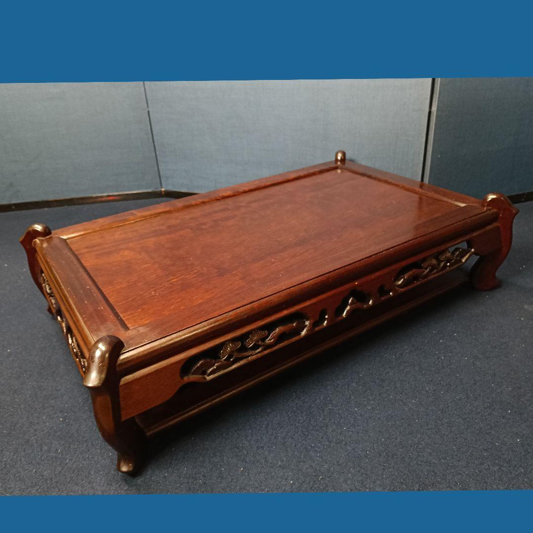 AO35 天然木 唐木 平卓 花台 盆栽台 飾台 透し彫り 松図 壹