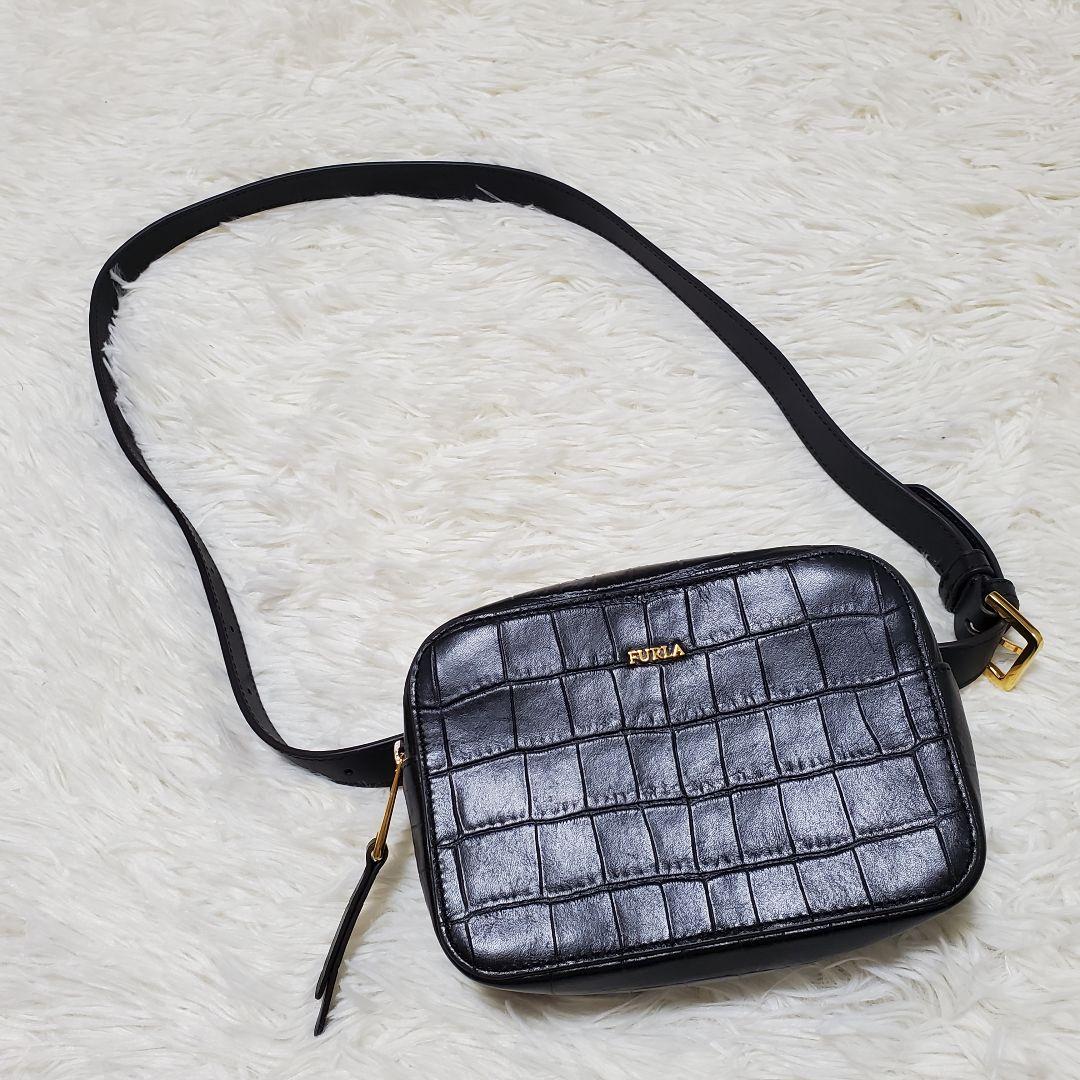 ■未使用に近い フルラ クロコ ウエストバッグ ボディバッグ レザー ブラック