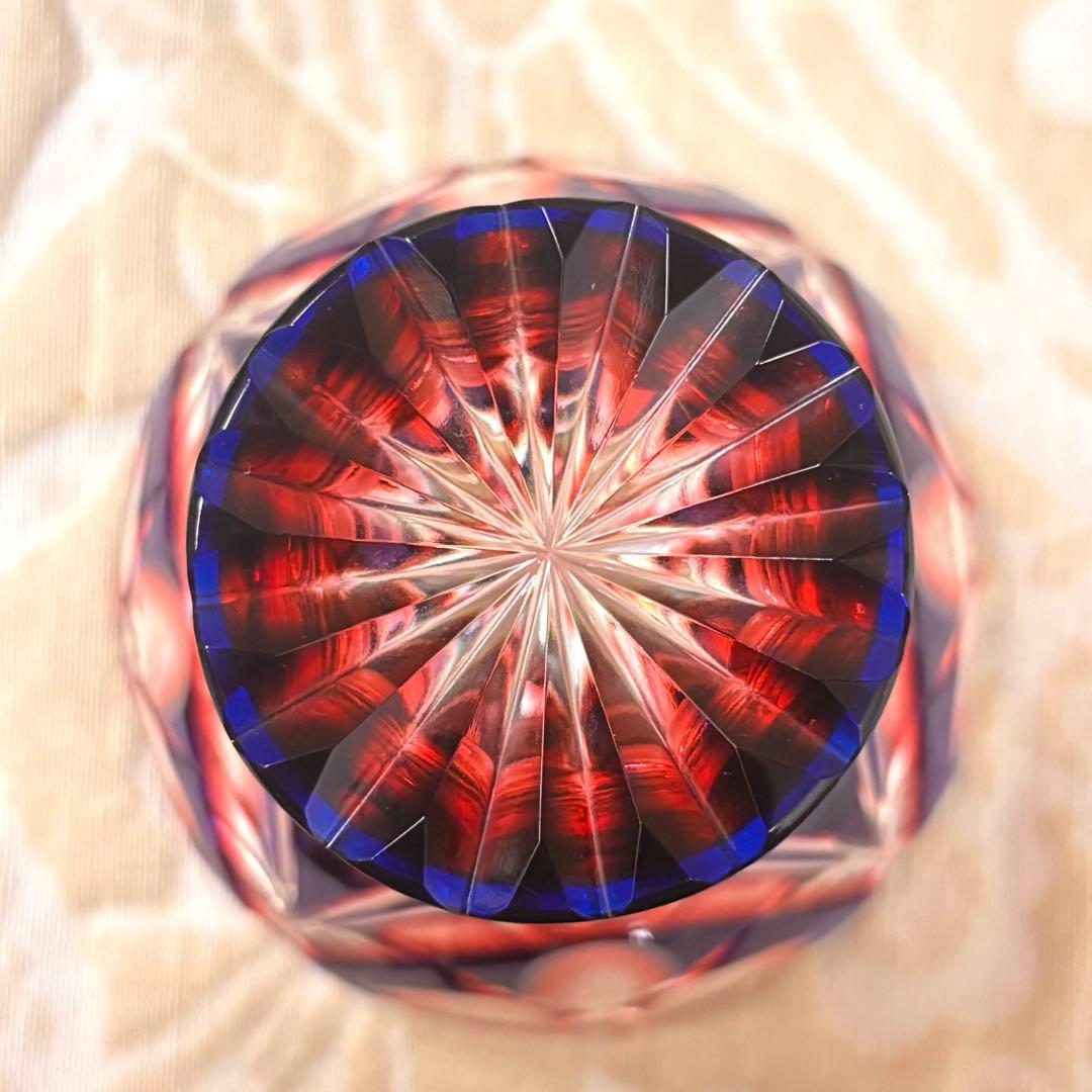 薩摩切子 二色衣 島津薩摩切子 二色被せガラス 切子 猪口脚付盃 瑠璃金赤