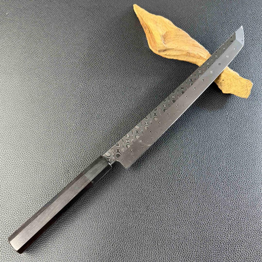 9658 新品 ダマスカス 先丸包丁 尺 渦潮紋 105層 黒檀黒水牛角八角柄