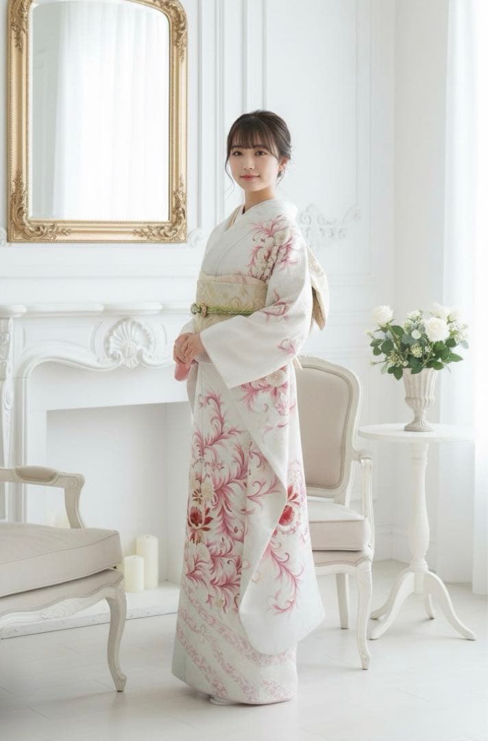 振袖 白地にピンクの花柄