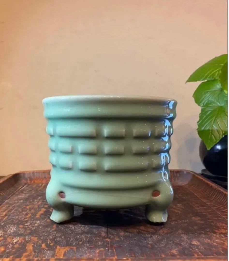 青磁三脚香炉・陶器剣山付き　２点セット ヴィンテージ　レア