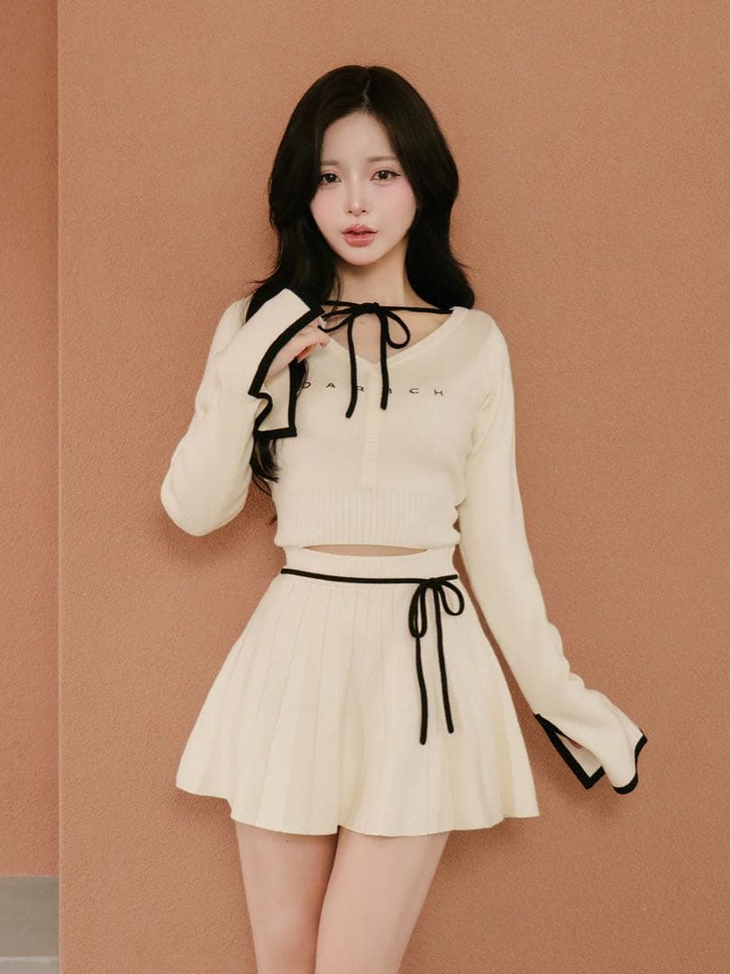 新品タグ ダーリッチ ウエストオープンリボンデザインニットミニワンピース フリー