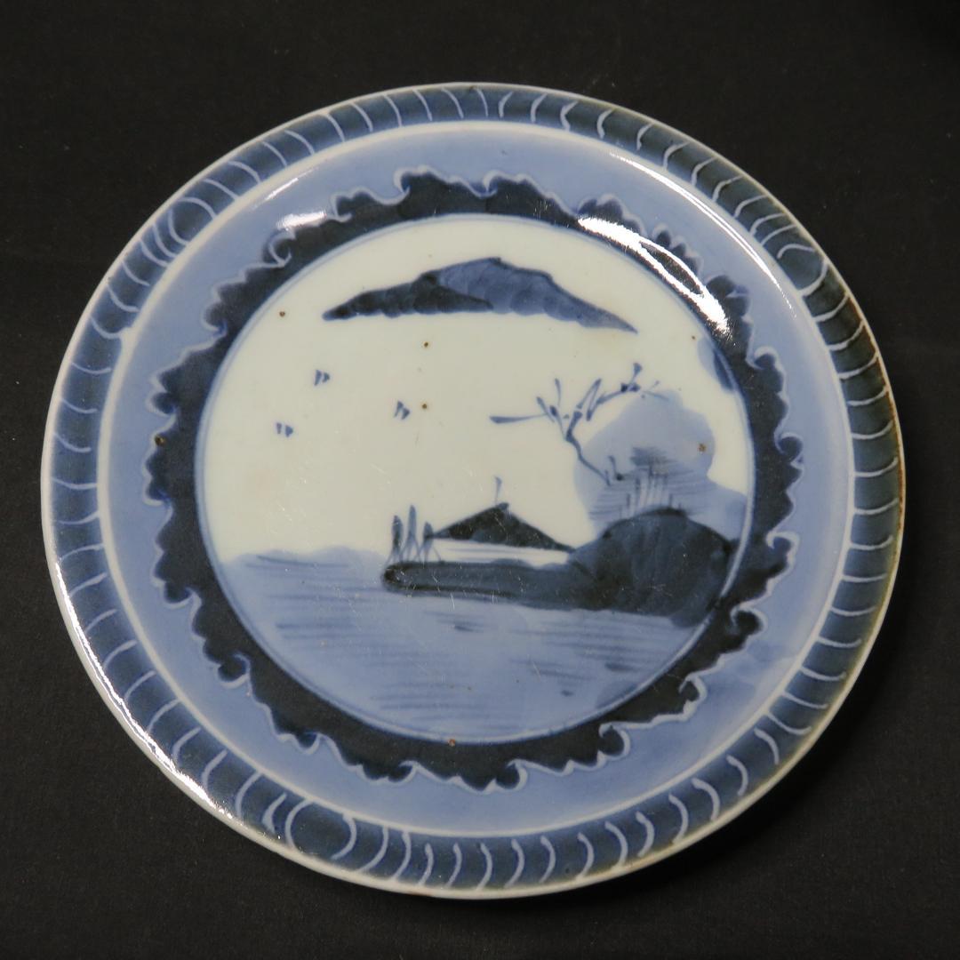皿 5枚 古伊万里 染付 山水 江戸 窯傷 家屋 船