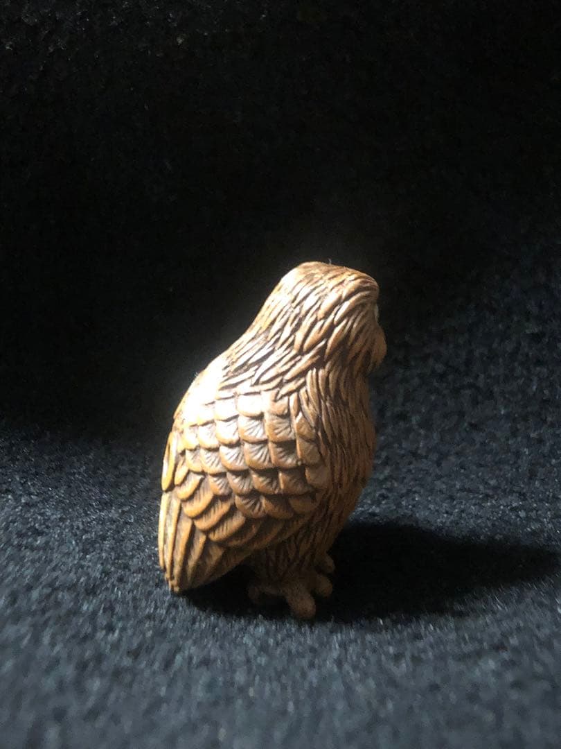 明治時代　木製　木彫　梟　根付　提げ物　骨董アンティーク　在銘