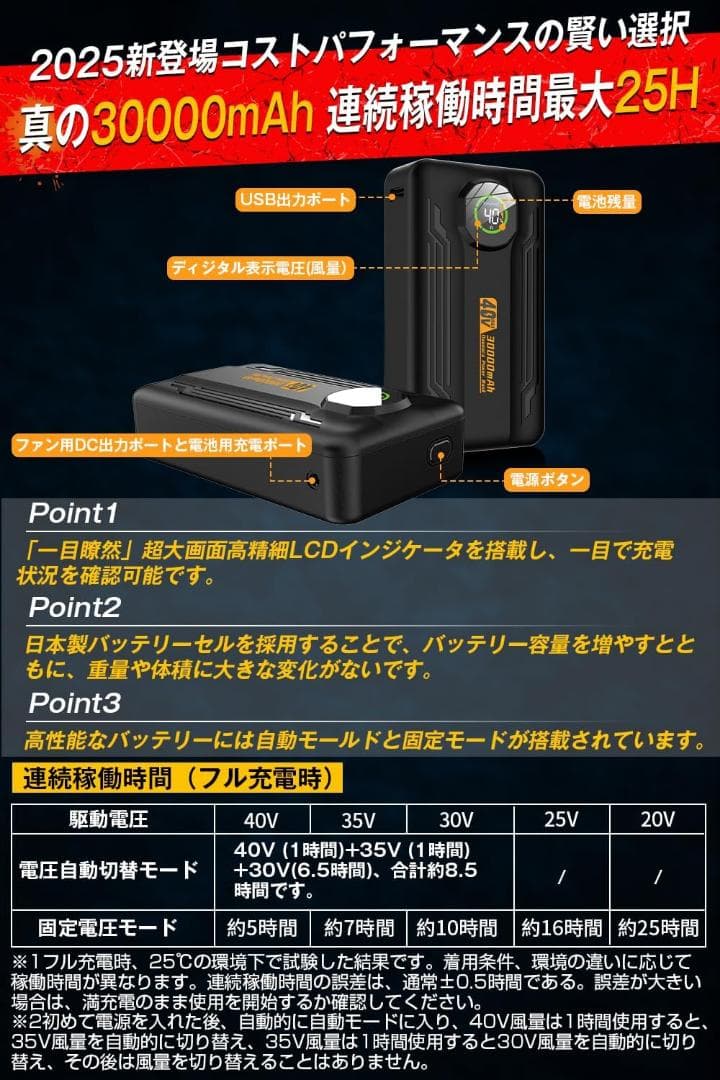 40V超高出力 作業着 ファンバッテリー 30000m 2種類モード バッテリー