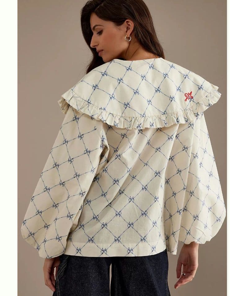 ダムソンマダー　ビッグカラーブラウス　ボリュームスリーブ　XL 相当　リボン柄