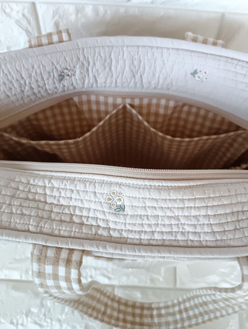 ヌビバッグ ポケットいっぱい ベージュ×リトルフラワー ハンドメイド