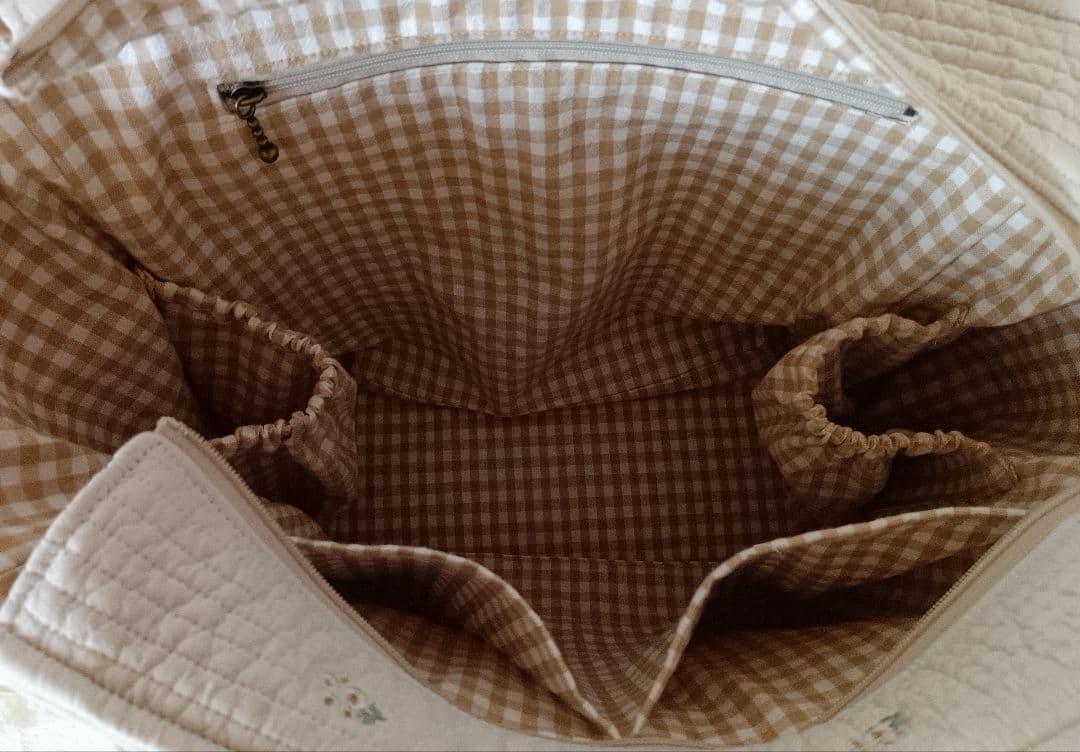 ヌビバッグ ポケットいっぱい ベージュ×リトルフラワー ハンドメイド