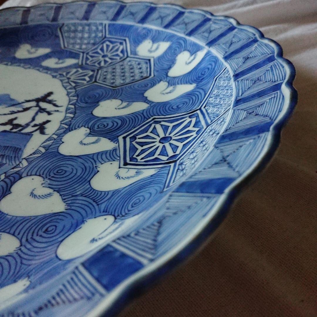 江戸 ふっくら千鳥 骨董 古伊万里 染付 大皿 輪花 アンティーク 皿 /印判