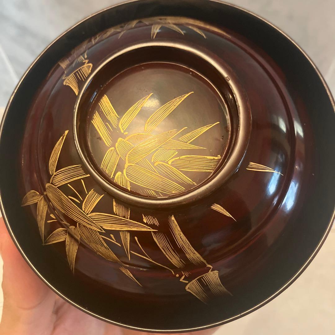 アンティーク大正時代　金彩のスズメや上品な竹が美し過ぎる木製輪島漆塗りお椀2客