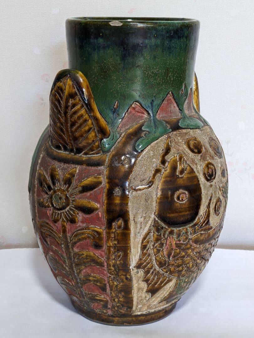 ♦琉球 飴釉掻落し 魚紋文様 双耳壺 瓶 沖縄花瓶 珍物珍品 古美術品 骨董品