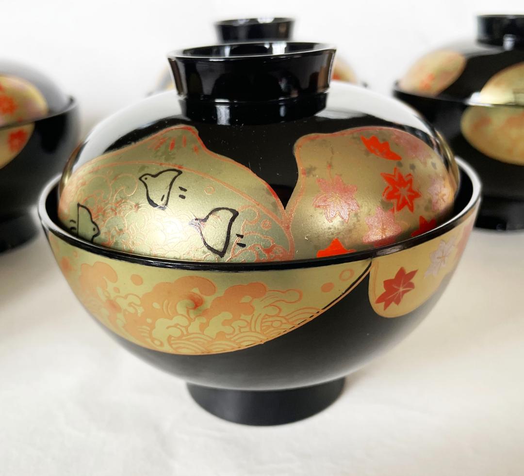 吸物椀 金貝合わせ 千鳥と紅葉 丸型高千才椀 黒塗 漆塗 5客 雑煮椀 おせち