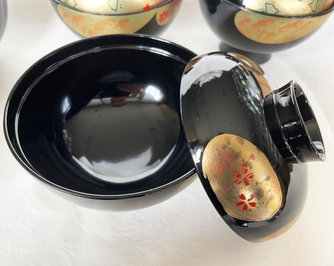 吸物椀 金貝合わせ 千鳥と紅葉 丸型高千才椀 黒塗 漆塗 5客 雑煮椀 おせち