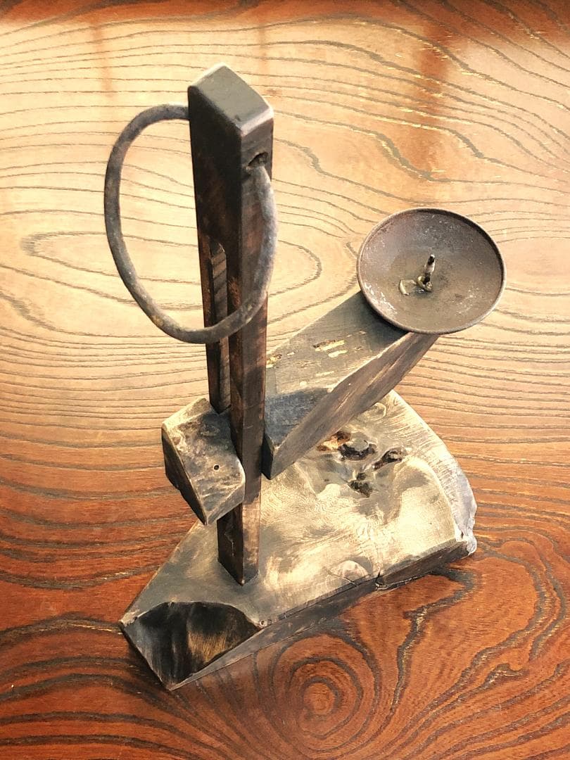 【 高低可変杢燭台 】　天然杢製　66ｃｍ　江戸時代　僅少品