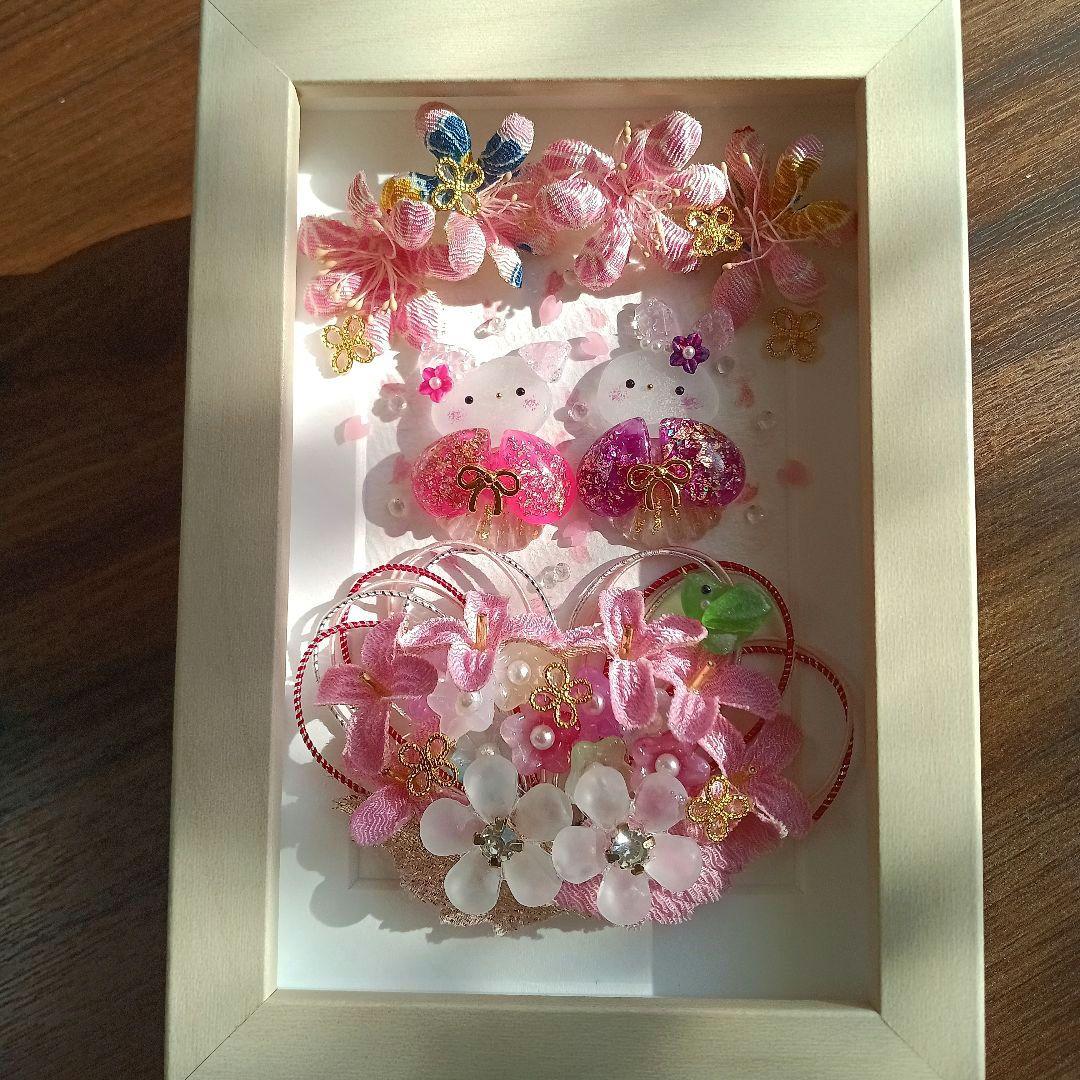 シーグラスアート　♡桜ハートの花かご姉妹♡　ちりめん細工