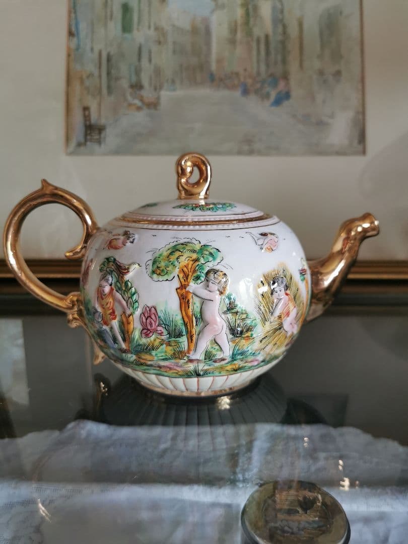 アンティークイタリア カポディモンティ 子供と天使と鳥 収穫 ラージティーポット